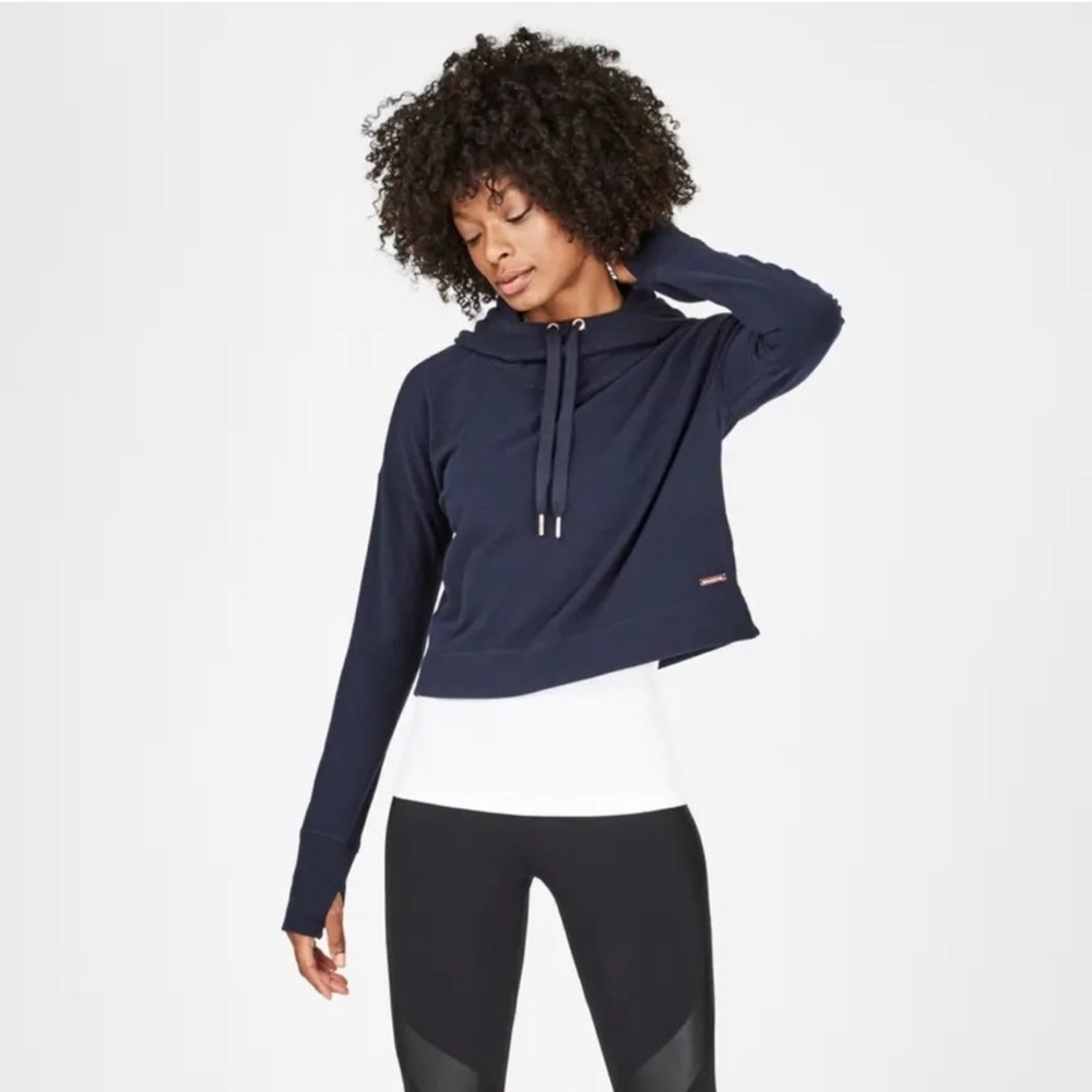 SWEATY BETTY Escape Luxe Fleece Cropped Hoody Navy SIze Small EUC